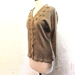 Vintage Sportking neutral floral embroidered, beaded cardigan sweater.  Large.